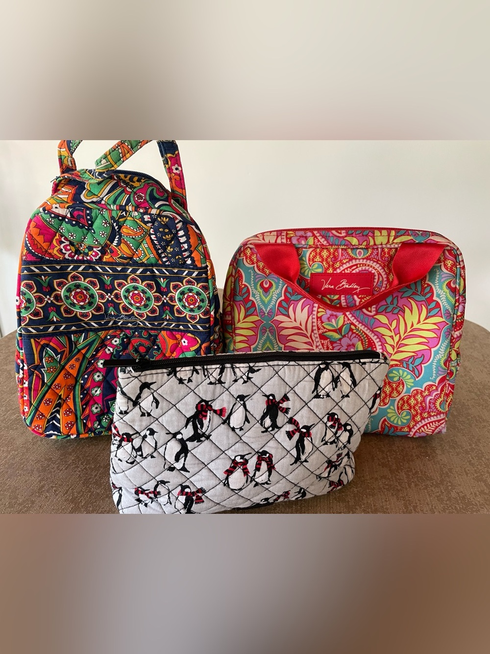 Lot Of Vera Bradley Bags-2 Insulated Lunch Bags & 1 Makeup Case Paisley & Winter